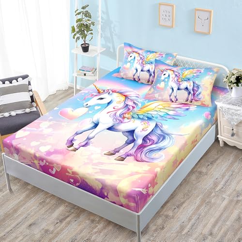 Bed Sheets Unicornio Azul Púrpura Colchon 150 Microfibra Cubre Funda Colchon 150x200 Transpirable Sabana Bajera Lavable Juego de Cama 30cm Profundidad Mattress Protector