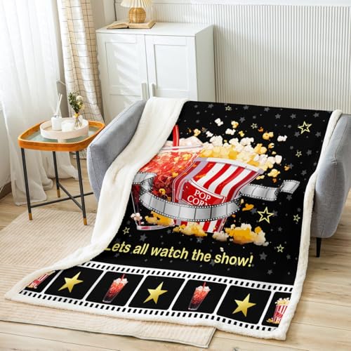 Image of Movie Theater Theme Sherpa Fleece Throw Blanket for Kids - Ultra Soft Popcorn Plush Decor - Twin 60"x80"