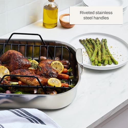 Image of All-Clad Specialty Stainless Steel Roaster and Nonstick Rack 16x13x5 Inch Oven Broiler Safe 600F Roaster Pan, Pots and Pans, Bakeware, Turkey, Silver (Pack of 2)