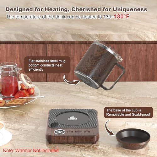 Image of Felibeaco 16oz Heated Coffee Mug with Flat Bottom for Rapid Heating, Stainless Steel Heated Coffee Cup Suitable for Different Coffee Mug Warmer /Heaters, Heated Mug /Cup for Home and Office Desk,Wood