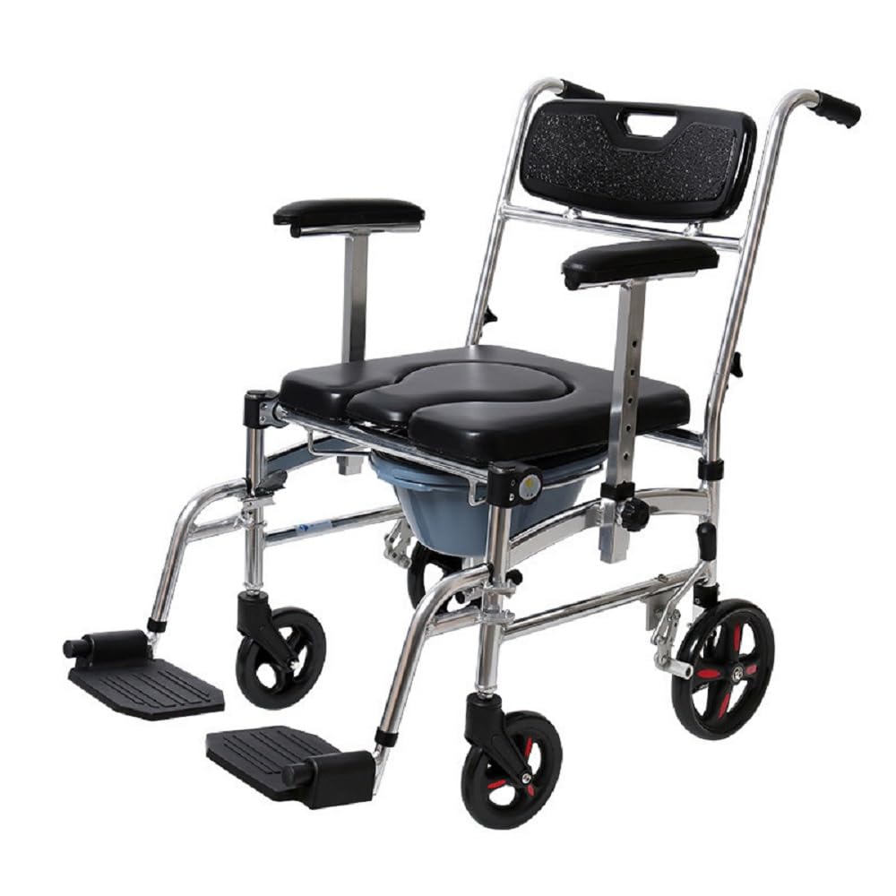 4 in 1 Bedside Commode Wheelchair with Handles Adjustable Padded Seat Detachable Bucket for Elderly Portable Toilet Shower Transport Chair with 4 Brakes for Over Toilet
