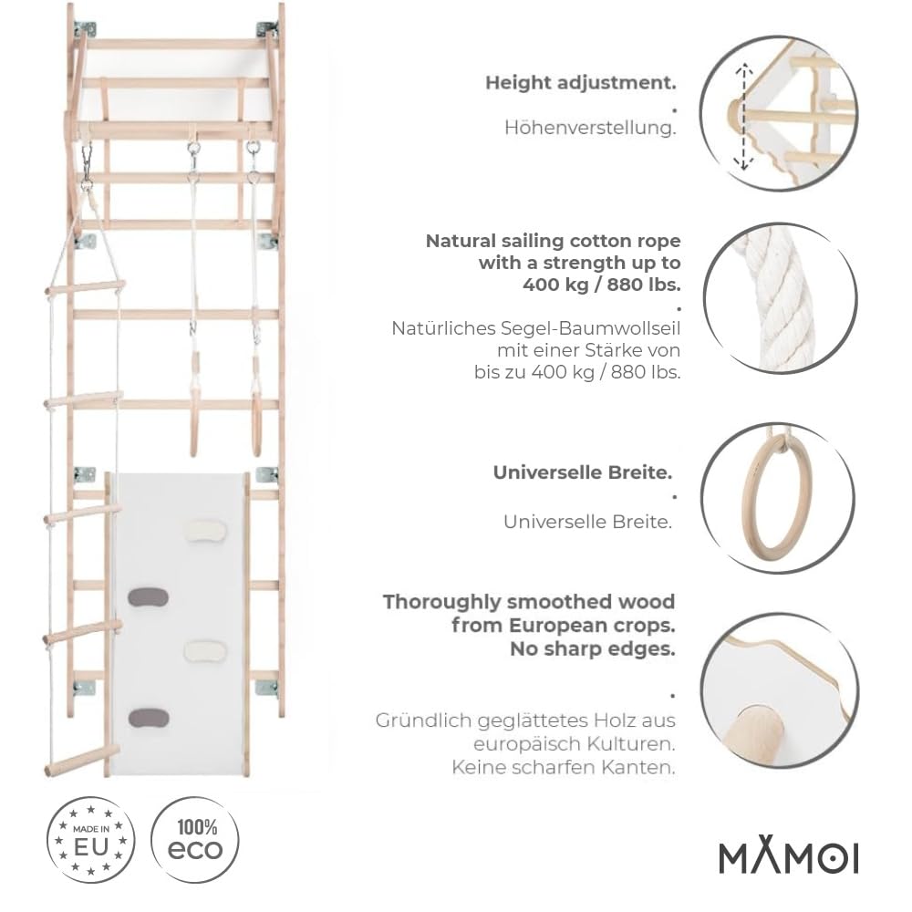 MAMOI® Espalderas Gimnasio para casa (L/XL/XXL) y aditivos | Espaldera Gimnasio de Madera Yarnwood | Espalderas Gimnasio de Interior diseño Moderno | Escalera Sueca | Barra Gimnasia | 100% Eco