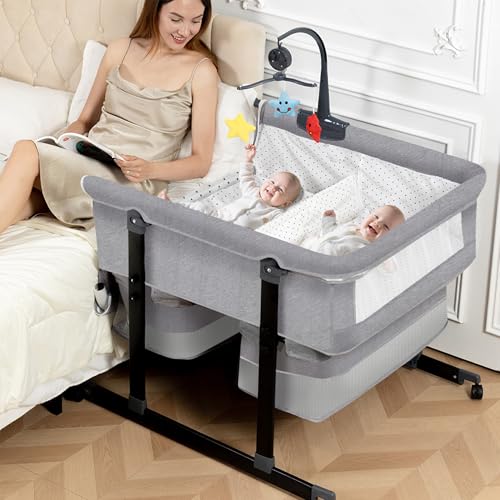 Jestonten Twin Bassinet for 2 Babies, Double Bassinet for Twins with Music Toys, Mosquito Net & Storage Basket Portable Foldable Bedside Sleeper for Newborns, Grey