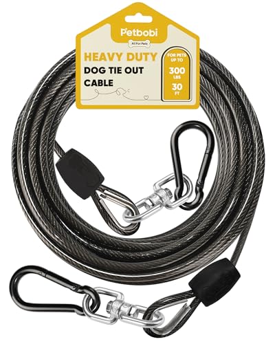 Petbobi Heavy-Duty Dog Tie-Out Cable - 30FT Extra Strong Wire Cable for Large Pets Up to 300Lbs, Rust Proof Dogs Leash with Carabiners and 360° Swivel, Pet Leads for Yard Camping Outside, Black