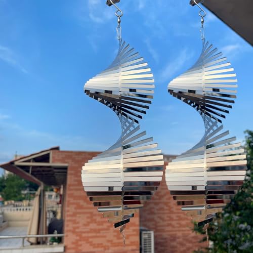 Hanging Wind Spinners,3D Spiral Highly Reflective Stainless Steel Metal Wind Spinner Outdoor Garden Decor,Bird Devices Deterrent to Scare Away Yard...