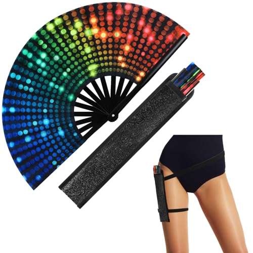 Image of FairySandy Large Rave Fan UV Glow Clack Summer Hand Fan with Thigh Holster for Women Carnival Party Supplies for Carnival Edm Music Festival Club Accessories(Neon,Mixed Color)
