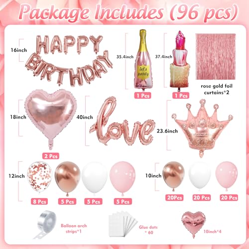 Image of Piece Rose Gold Birthday Decorations for Women 96pcs, Pink Balloons birthday decorations with Happy Birthday Banner, Rose Gold Foil Fringe Curtains for Valentines Wedding Romantic Party Decor