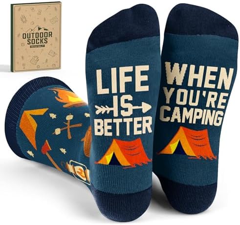 Gifts for Men - Funny Camping Socks for Men and Women, Unique Gifts for Campers – Perfect Camping Essentials, Accessories, and Stocking Stuffers – Funny Christmas Socks and Camper Must-Haves
