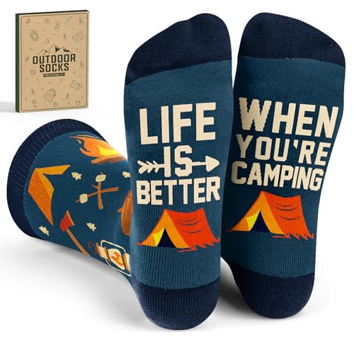 Gifts for Men - Funny Camping Socks for Men and Women Unique Gifts for Campers Perfect Camping Essentials Accessories and Stocking Stuffers Funny Christmas Socks and Camper Must-Haves