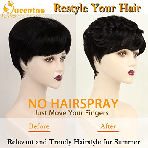 Queentas Short Black Wig for Black Women Short Wigs for Women,Pixie Cut Wigs Synthetic Fiber (Black), B-Natural Balck - Image 4