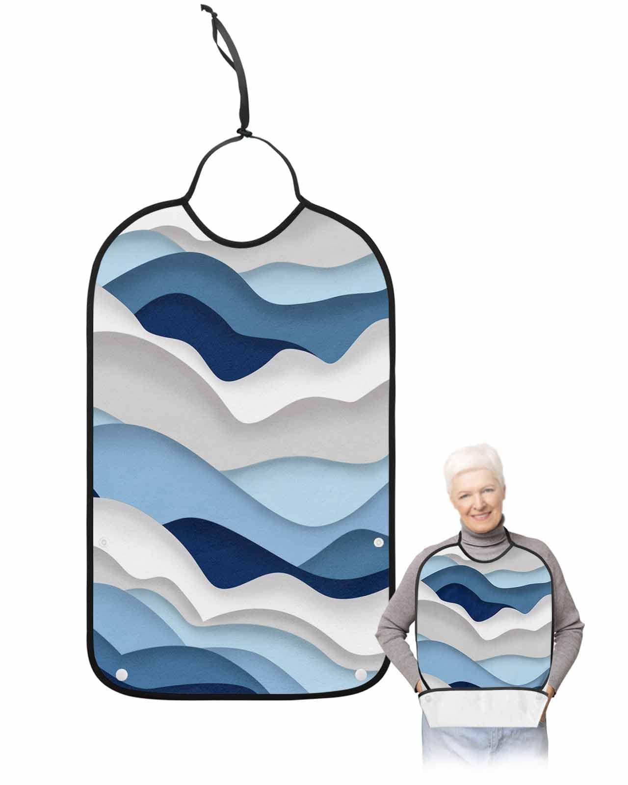 LEOKOTI Blue White Ombre Adult Bibs for Eating, Waterproof Bibs with Food Catcher & Adjustable Snap Closure, Modern Geometric Moire Abstract Art Washable Clothing Protectors Adult Bibs for Elderly