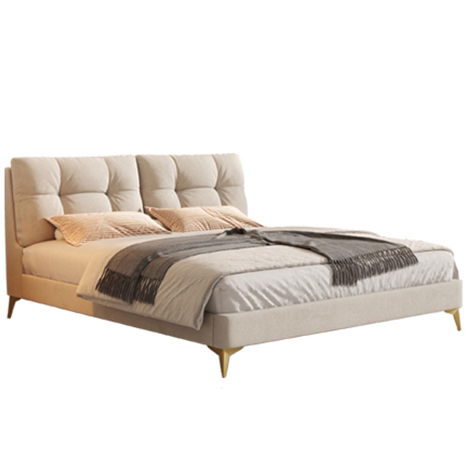 Velvet Modern King Size Bed Frame with Heavy Duty Wooden Slat Support Queen Size Storage Bed Noise-Free White