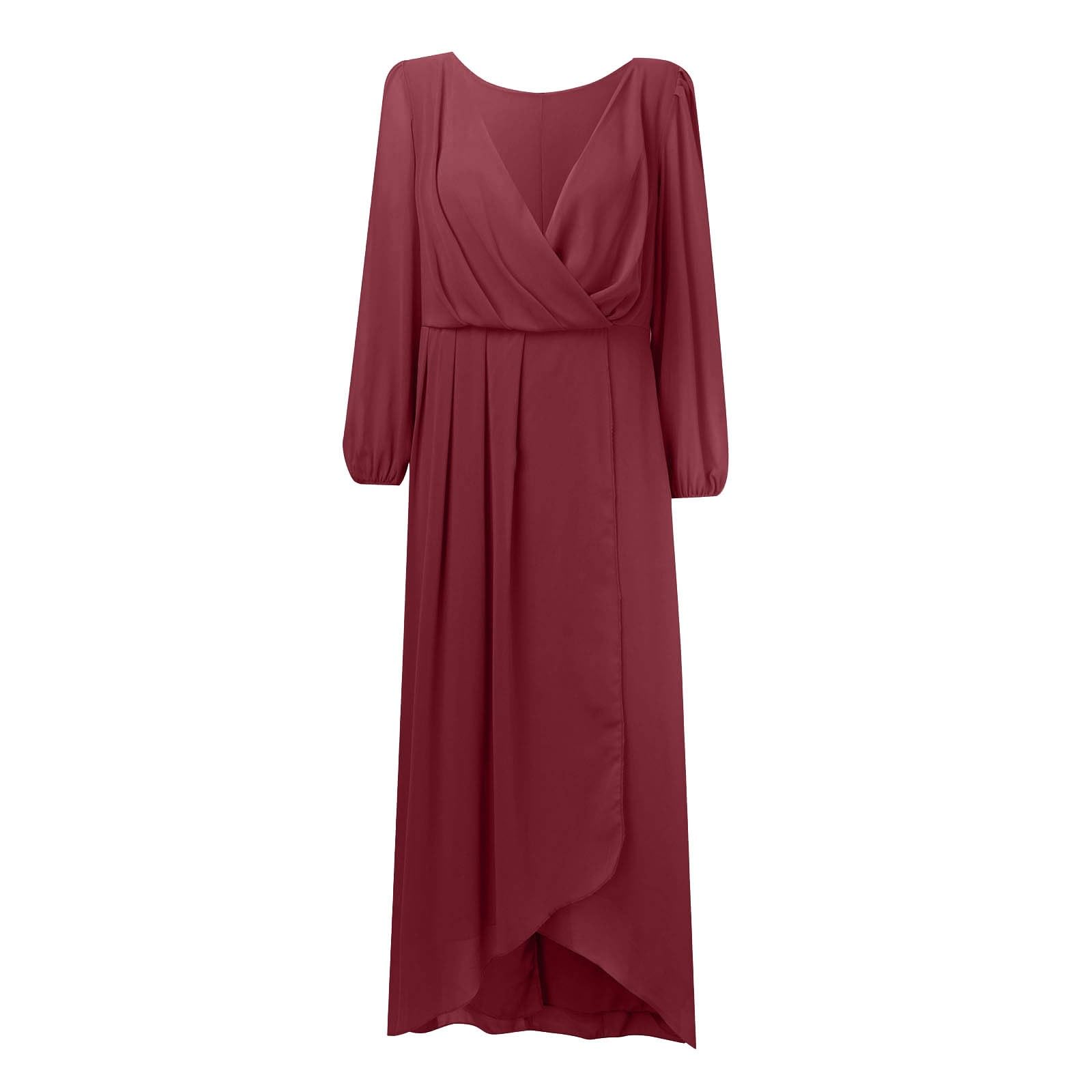 Sommerkleid Damen Damen-Chiffon-Frühlingskleid mit V-Ausschnitt Langen Ärmeln, plissiert, A-Linie, Midi-Länge, für Hochzeitsgäste (XXL)