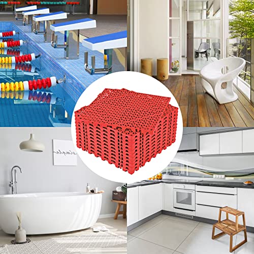 Image of ToLanbbt Modular Interlocking Cushion 12P 11.8 inch x 11.8 inch Interlocking Rubber Floor Drain Holes Non-Slip Splicing Drainage Mats for Deck, Shower, Kitchen, Drain Pool, Sauna Bath, Indoor Outdoor (Red)