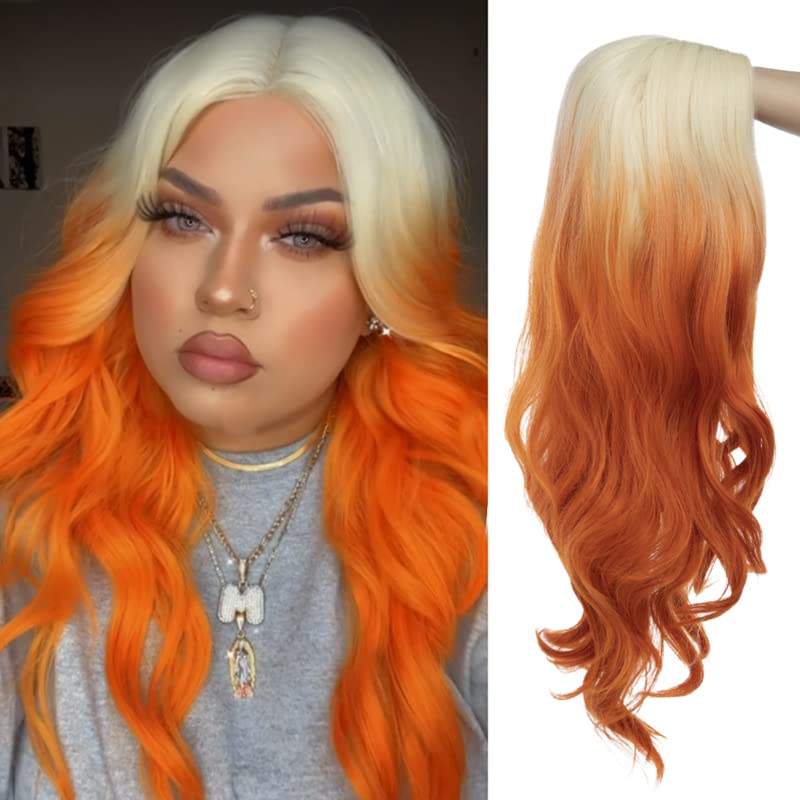 Baruisi Pelucas largas onduladas de color rubio platino a naranja para mujer, pelucas de cabello sintético sintético natural para Halloween,