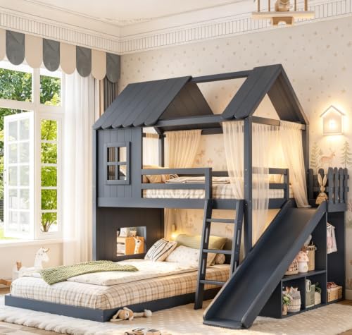 Image of Bellemave Bunk beds Twin Over Full with Slide,Ladders,Bookshelf and Wardrobe House roof Design, Low bunk /loft Bed for Kids,Blue