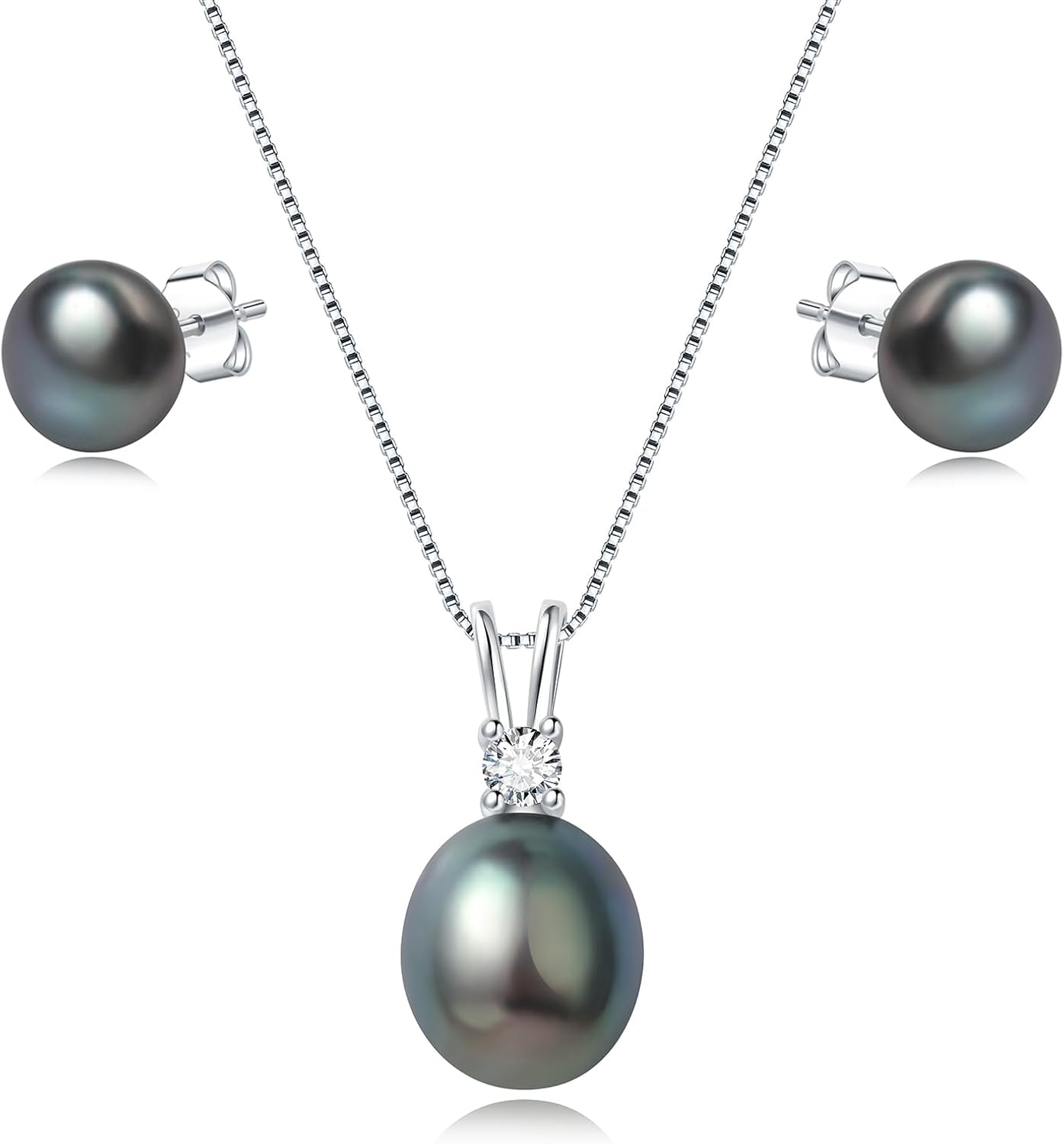 YAMI Pearl Jewelry Set for Women, 9.5-11mm AAAA Freshwater/Saltwater Pearl Necklace & 8-8.5mm Stud Earrings, 925 Sterling Silver, Hypoallergenic Gift for Her