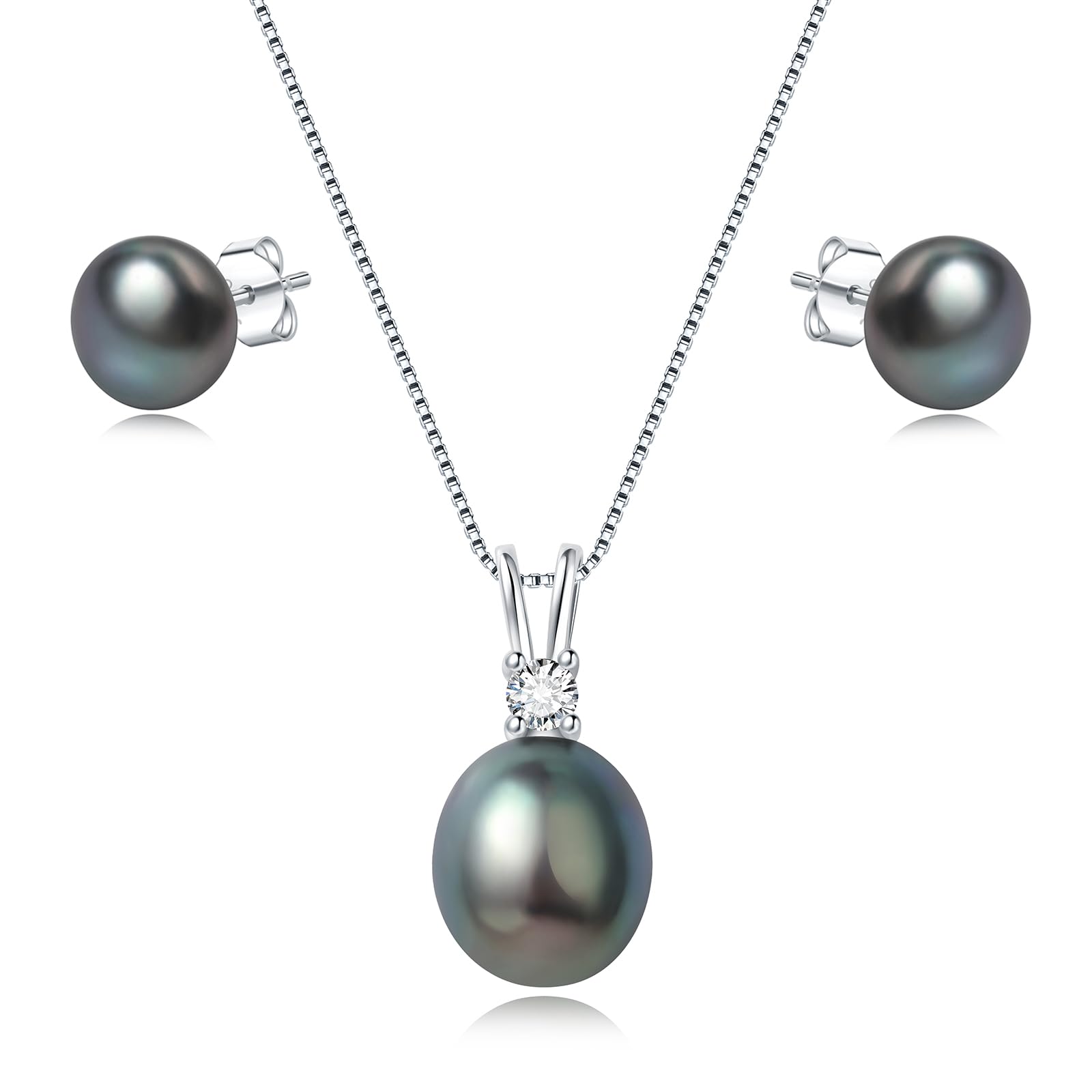 YAMI Perlenschmuckset für Damen, 9,5–11 mm AAAA Süßwasser-/Salzwasserperlenkette und 8–8,5 mm Perlenohrringe, Perlenohrringe Silber 925, Ideal für Geschenke