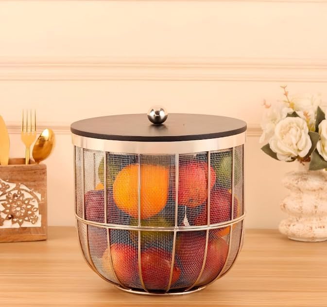 Image of Elegant Metal Fruit Basket with Lid | Large Capacity Mesh Storage Basket for Fruits & Vegetables | Dustproof Covered Fruit Bowl for Kitchen Counter & Dining Table Organizer