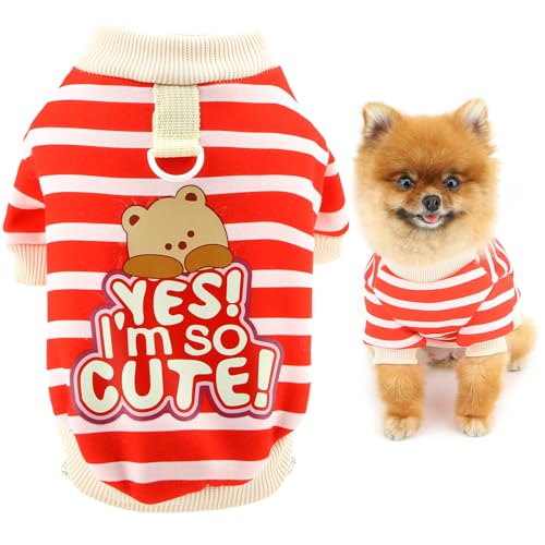 SMALLLEE_LUCKY_STORE 犬服 秋冬 トレーナー ペット服 セーター フリース裏地 厚手 ストライプ柄 クマプリント ドッグウェア Dリング付き 防寒服 超小型犬 小型犬 子犬 猫服 チワワ服 部屋着 お散歩 お出掛け 犬用コスチューム,レ