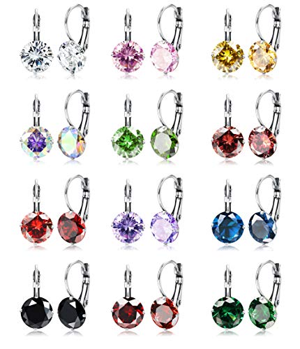 JOERICA 12 Pairs Leverback Dangle Earrings Set for Women Gold Plated CZ Stainless Steel Earrings 6/10MM Multicolor Cubic Zirconia Drop Earrings