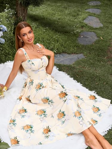 Image of KUTUMAI Women Summer Corset Midi Floral Wedding Guest Dresses with Pockets | Lace Neck, Smocked Back, Flowy A Line Sundress for 2026 Engagement Photoshoot Bridal Shower Garden Party