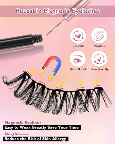 Image of Batfield 3 Pairs Magnetic False Eyelashes - Reusable Fake Eyelashes with Eyeliner and Tweezer - Artificial Eye Lashes for Women Natural Wispy(Style 5)