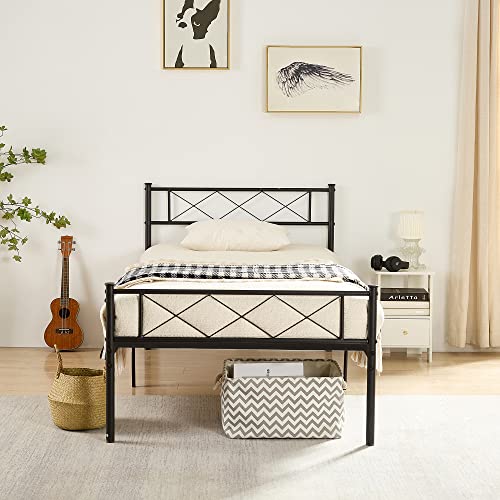 Vecelo Metal Platform Bed Frame Mattress Foundation With Headboard & Footboard/Firm Support & Easy Set Up Structure, Twin, Black #TOP2