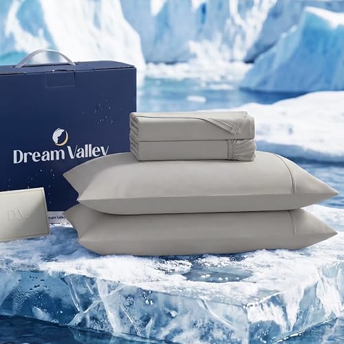 Image of Dream Valley Cooling Sheets King Size, Cooling Fitted Breathable Bed Sheets & Flat Sheet with 2 Pillowcases-4 PCS for Night Sweats & Hot Sleepers, Q-Max >0.45 Aerocool, Deep Pocket 16 inch,Quiet Gray