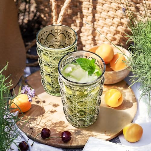 Joeyan Szklanki do picia w stylu vintage, 400 ml, tłoczone, kolorowe szkło typu highball, kubek na wodę z kamieniami szlachetnymi, wytrzymałe, wysokie, zestaw kubków do soków, napojów, koktajli, piwa