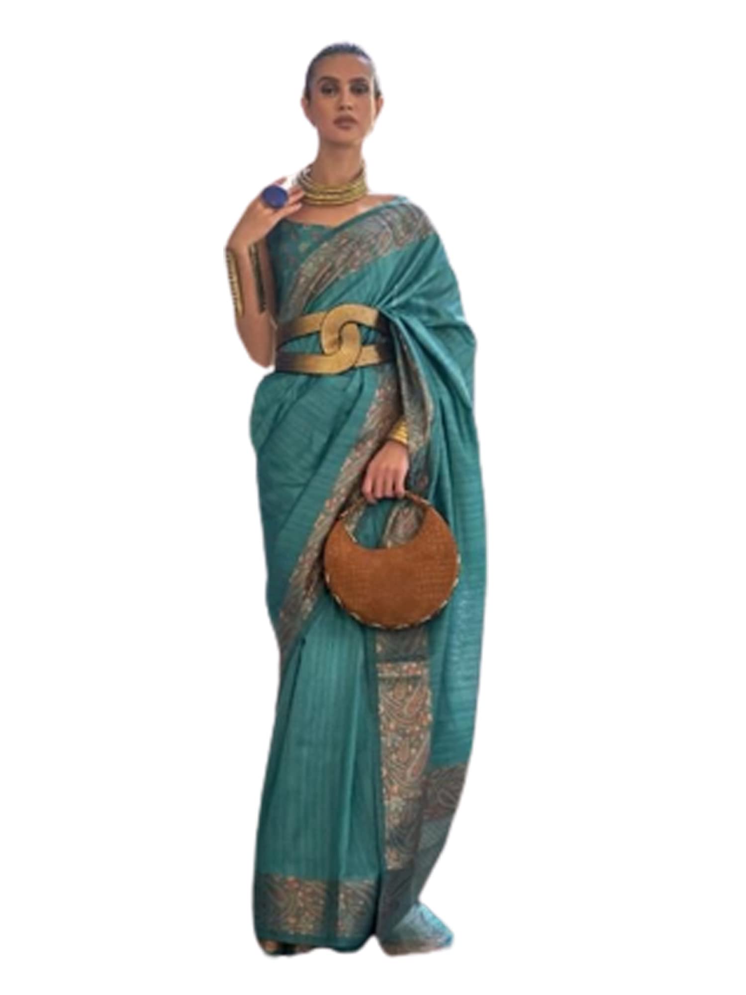 Blusa sari de seda tejida con textura rica en cobre Zari 7345 para mujer india (azul)