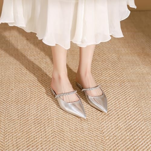 Optigard Women's Leather Pointed Toe Slingback Flats with Rhinestone Strap Slip On Low Heel Casual Work Shoes Dress Shoes3