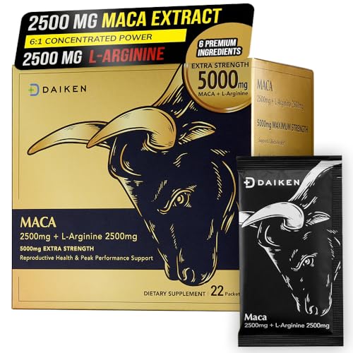 DAIKEN Peruvian Maca Root Powder Extra Strength 5 000 mg Gelatinized Black Red Yellow Maca Blend with L-Arginine (2 500 mg) for Men and Women Superior Absorption Vegan Lab Tested - 22 Packets