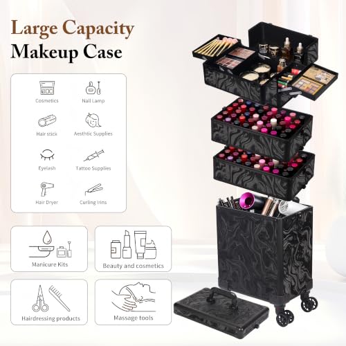 Image of 5 in 1 Rolling Makeup Train Case Professional Cosmetic Trolley Large Storage Organizer on Wheels for Hairstylist Artist Nail Beauty Salon Barber Alipine Black
