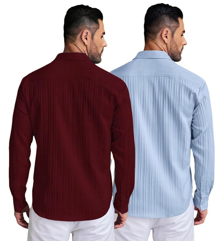 Image of DEELMO Combo of Men's Casual Button Down Shirts Long Sleeve Linen Shirt Fashion Textured Summer Shirts Pack of 2