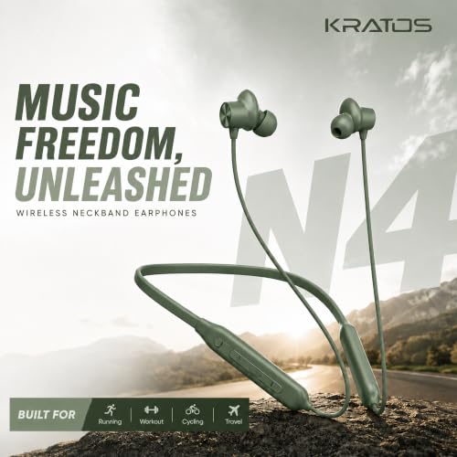 Image of Kratos N4 Bluetooth Neckband with 55H Playtime, Deep Bass, Stereo Sound, HD Calls, Magnetic Earbuds, Type-C Fast Charging, Rich Audio, Hollow Switch for Comfort & Style (Green)