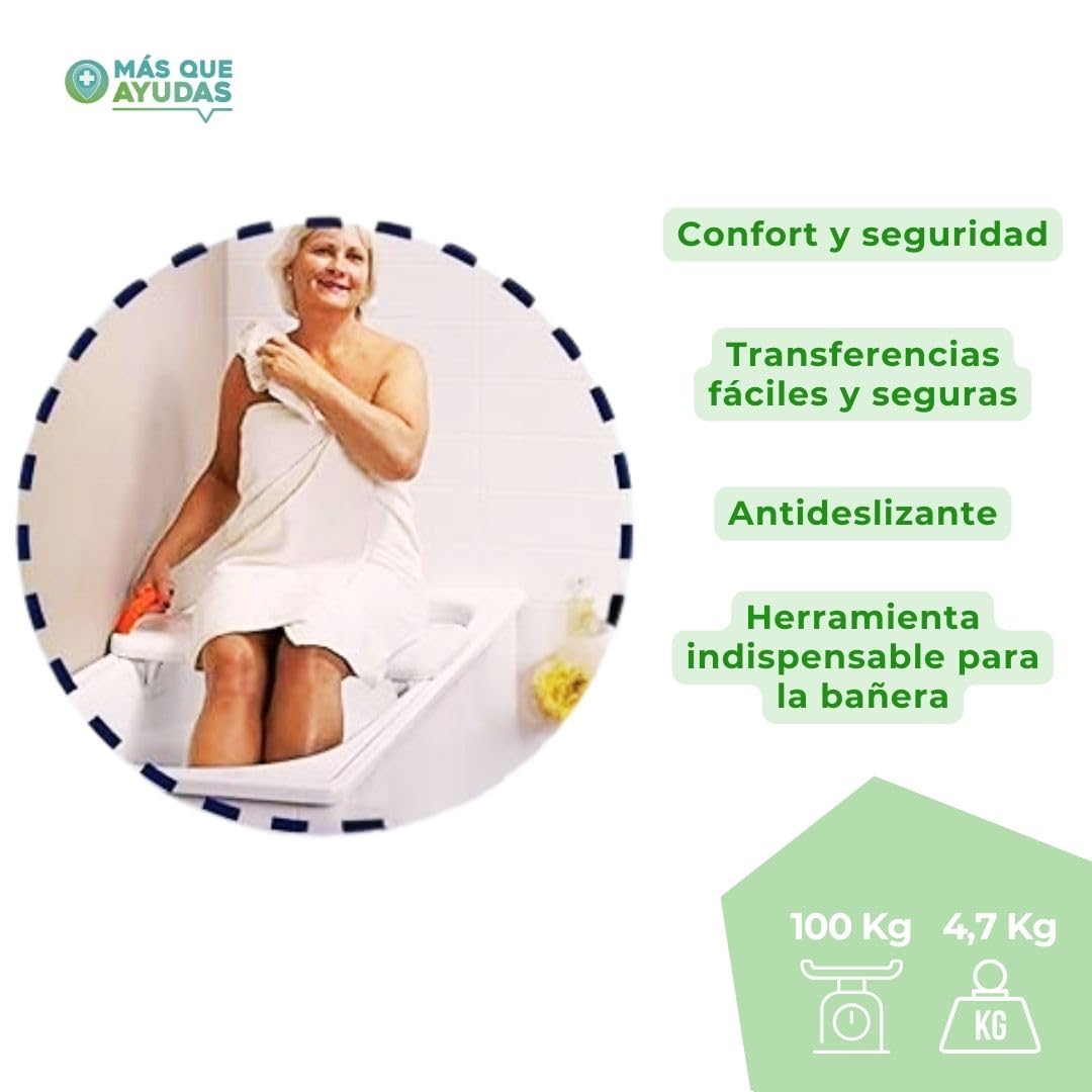 MAS Que AYUDAS – Asiento Bañera Adulto Antideslizante, Ajustable, con Asa de Seguridad, Tabla de Acceso Lateral para Bañera, con Orificios de Drenaje, Fácil Montaje, Máximo 100 kg