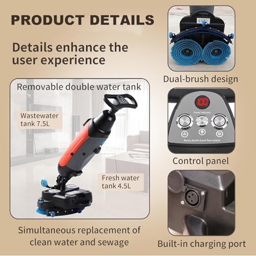 17" Cordless Walk Behind Floor Scrubber - 36V Battery Powered Commercial Cleaner with Rotating Head for Hard Floors, Quick Dry System, Portable Design for Offices & Retail