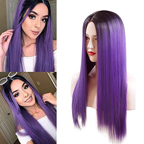 Long Straight Synthetic Hair Cosplay Wig Middle Part Ombre Purple with Dark Brown Roots Color Full Wigs Natural Looking Heat Resistant for Women Halloween Party(26Inch)