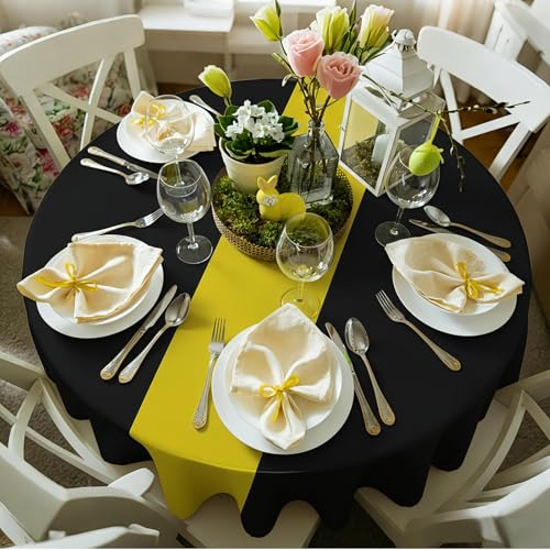Image of Remagr 6 Pcs Round Plastic Tablecloth 84 Inch Disposable Tablecloth Party Table Cover for Graduation Wedding Birthday Retirement Decoration (Black,Yellow)