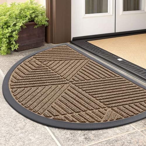 Image of Smiry Half Circle Front Door Mat Outside Entrance, Heavy Duty Sturdy Natural Rubber Doormat, Trap Dirt and Moisture, Low Profile Mats for Indoor Outdoor Entry, Irregular Triangle (29.5x17, Brown)