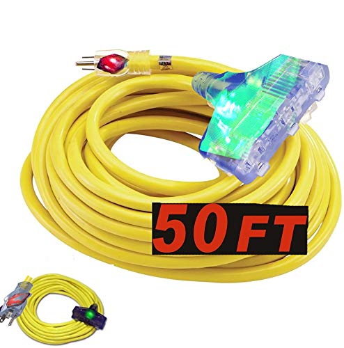 Flash Deals - 70% OFF yellow extension cord 10/3 50 ft 10 Gauge Extension Cord Heavy Duty Indoor Outdoor SJTW Lighted End Rated 1875 Watts Copper Triple Tap Extension Cord (10 Awg Triple Outlet, 50 ft)