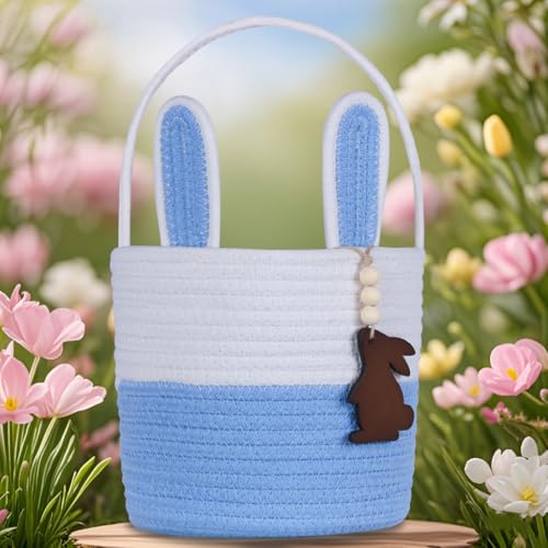 Image of Easter Basket, Empty Easter Baskets for Kids Boys Girls with Bunny Tag Egg Basket Eater Gifts Basket Toddler Teens Babys First Easter Basket with Handle Blue White