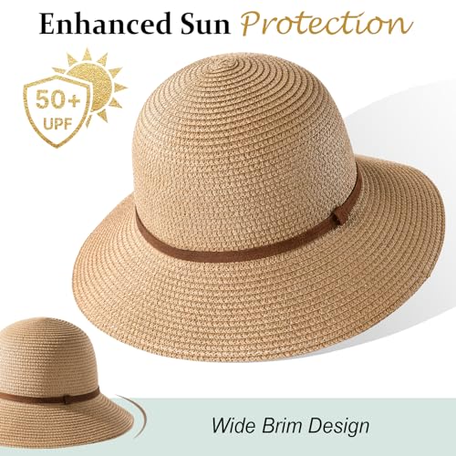 Image of Beach Sun Straw Hats for Women, UPF 50+ UV Sun Protection Wide Brim Summer Straw Hat Foldable Packable Roll up Cap