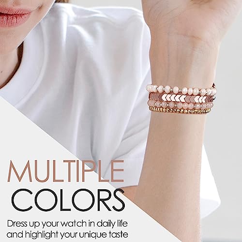 Image of MOFREE Beaded Bracelet Compatible with Apple Watch Band 38mm /40mm /41mm /42mm, Fashion Elastic Stretch Women Bands for iWatch Series 11 /10 /9 /8 /7 /SE /6 /5 /4 /3 /2 /1 iPhone Watch Strap Bands Pink