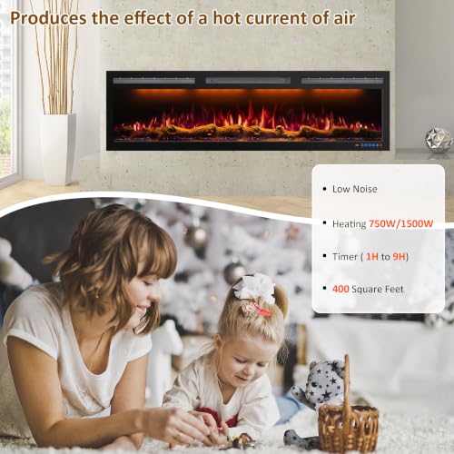 Image of 95-Inch WiFi Electric Fireplace, 5.51-Inch Deep Recessed or Wall-Mounted Heater, 1500W, 6 Flame and 13 Ember Colors, Tuya App, Alexa, Google Home, Remote