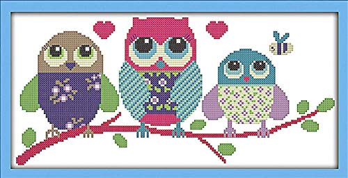 Maydear Cross Stitch Kits Stamped Full Range of Embroidery Starter Kits for Beginners DIY 11CT 3 Strands - Cartoon owl 19Ã—9(inch)
