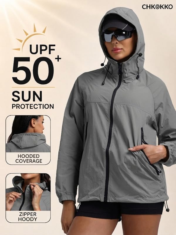 Image of CHKOKKO Sunscreen Jacket For Women With Hood Upf 50+ UV Tan Sun Protection | Wind Proof Lightweight Breathable Quick-dry Water-repellent Fabric | For Gym Sports Running Biking And Dailywear