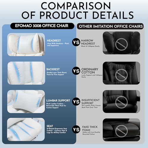 Image of Efomao Big and Tall Office Desk Chair, White | 23.5 inch Wide Dual-Layer Foam Cushion, 135 Reclining PU Leather Desk Seat with Footrest, Independent Movable Lumbar Pillow