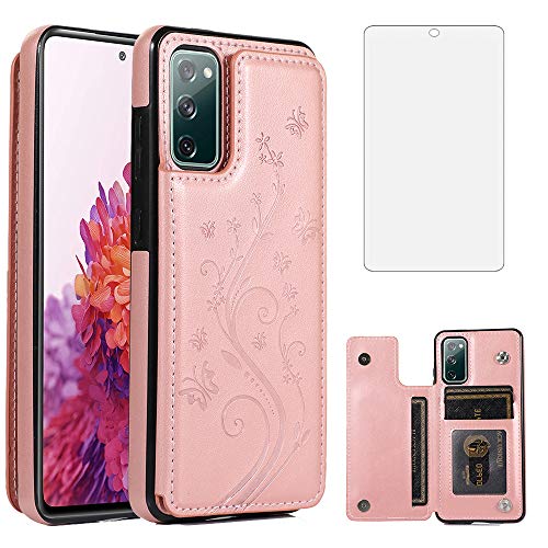 Coque Samsung S20 FE 5G avec verre trempé et étui portefeuille cuir rose femme